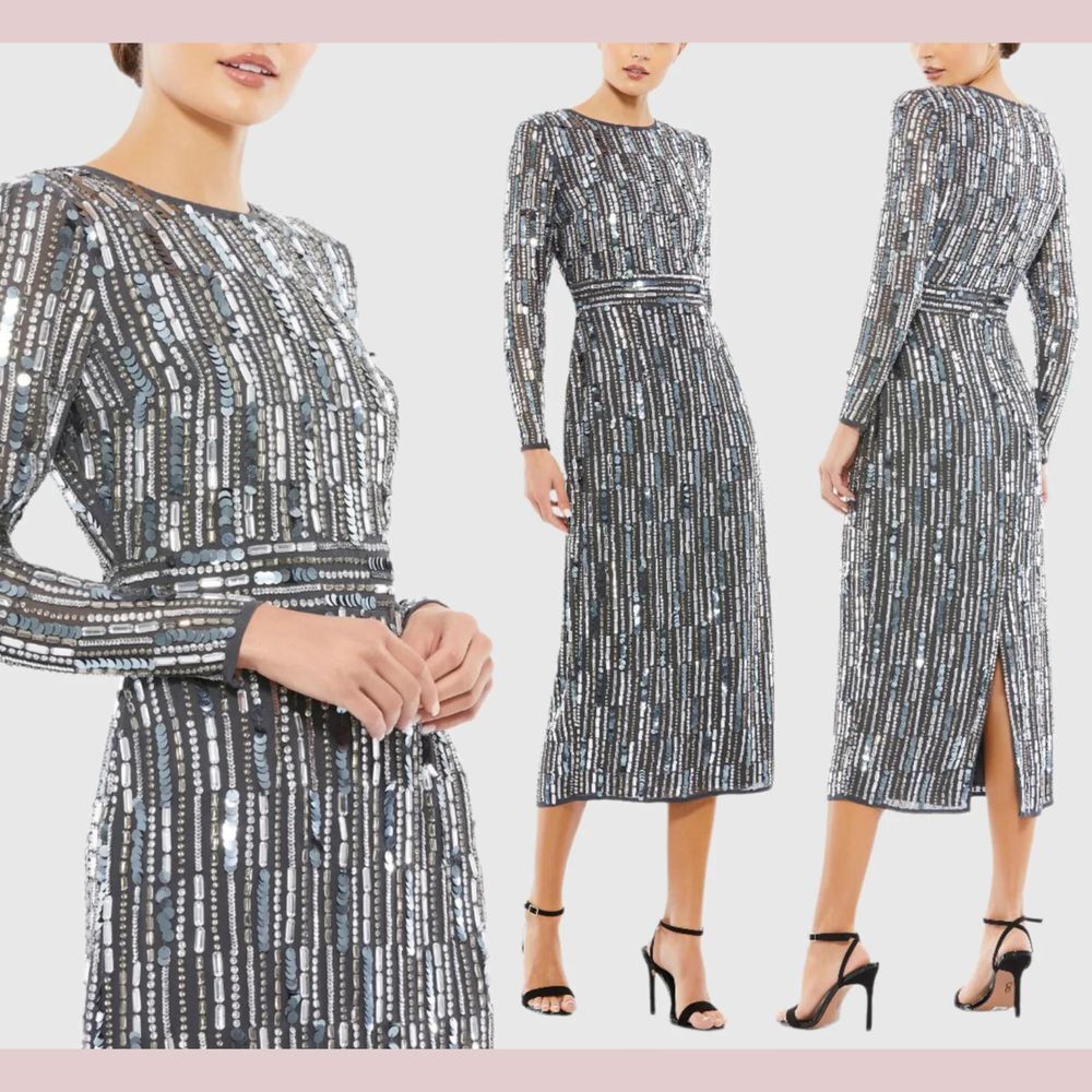 NWT Mac Duggal [ 14 ] 93590 Embellished High Neck Long Sleeve Dress Charcoal gre